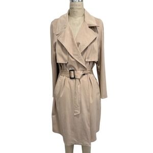 Zara Belted Trench Coat Womens Size L Beige Faux Suede Double Breasted